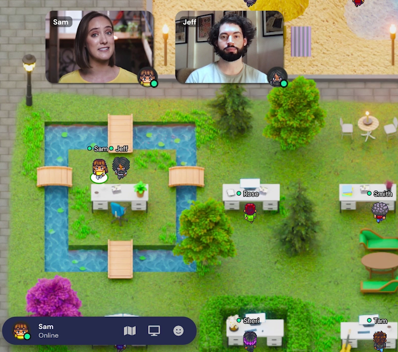 A screen grab of the Gather Virtual Offices promo video, with two people's video feeds at the top and the green Space of a Gather office below.