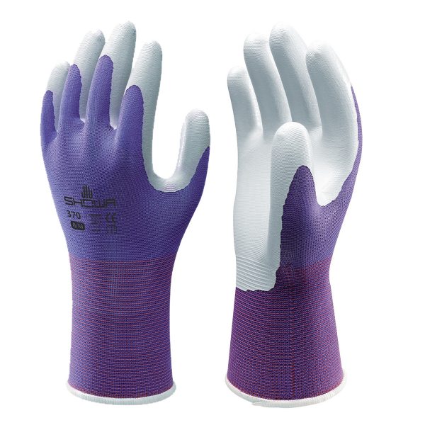 Purple SHOWA 370 gloves, right and left hand, on a white background