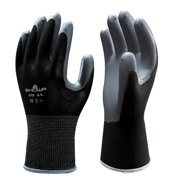 Black SHOWA 370 Floreo gloves, right and left hand, on a white background