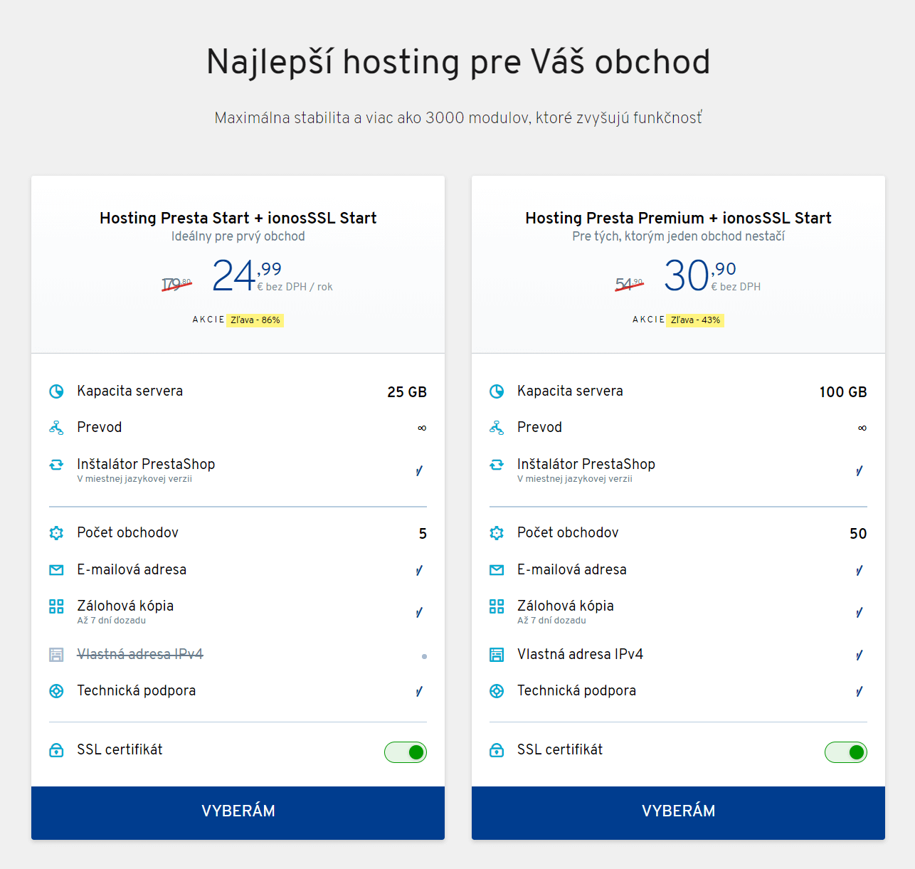 Nabídka PrestaShop hostingu (platná v době psaní článku)