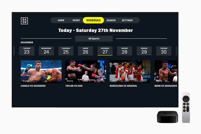 Programme des évènements sportifs dans DAZN, développée par DAZN Group.