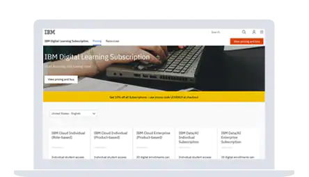 Das Bild zeigt die IBM Webseite mit den angebotenen IBM Digital Learning Abonnements.
