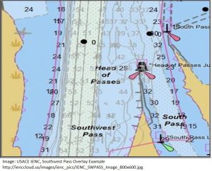 Example of Inland Electronic Navigation Chart Overlay at Southwest Pass, Louisiana.