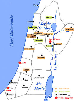 Map of Canaan at Late Bronze Age, established from the Amarna Letters, completed with a petrographic study of the clay and the results of archaeological excavations.