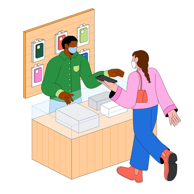 Illustration of a woman inside an Apple Store inquiring about repairing her iPhone.