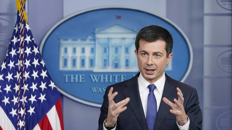 FILE - Transportation Secretary Pete Buttigieg speaks during the daily briefing at the White...