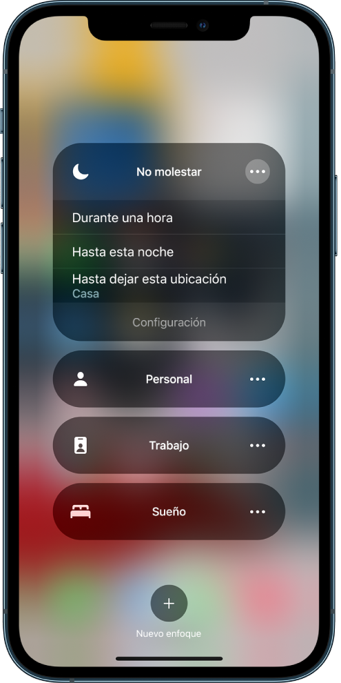 La pantalla para seleccionar por cuánto tiempo se activa “No molestar”; las opciones son “Durante 1 hora”, “Hasta esta noche” y “Hasta dejar esta ubicación.