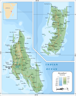 The major islands of Unguja and Pemba in the Indian Ocean.