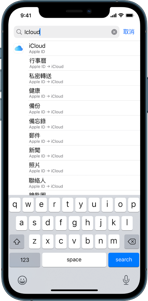 搜尋設定畫面，最上方帶有搜尋欄位。搜尋欄位中的搜尋詞彙為「iCloud」，找到的設定位於下方列表中。