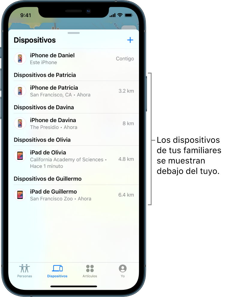 La pestaña Dispositivos de Encontrar. En la parte superior de la lista se muestra el iPhone de Dani. Debajo se encuentran los dispositivos de Abigail, Daniel, Olivia y Lalo.