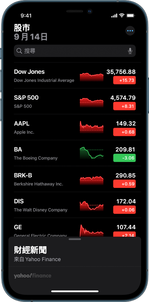 觀察列表顯示不同股票的列表。列表中的每個股票由左至右顯示以下內容：股票代號和名稱、表現圖表、股價和價格更動。螢幕最上方，觀察列表的上方是搜尋欄位。觀察列表下方是「財經新聞」。在「財經新聞」向上滑動來顯示報導。