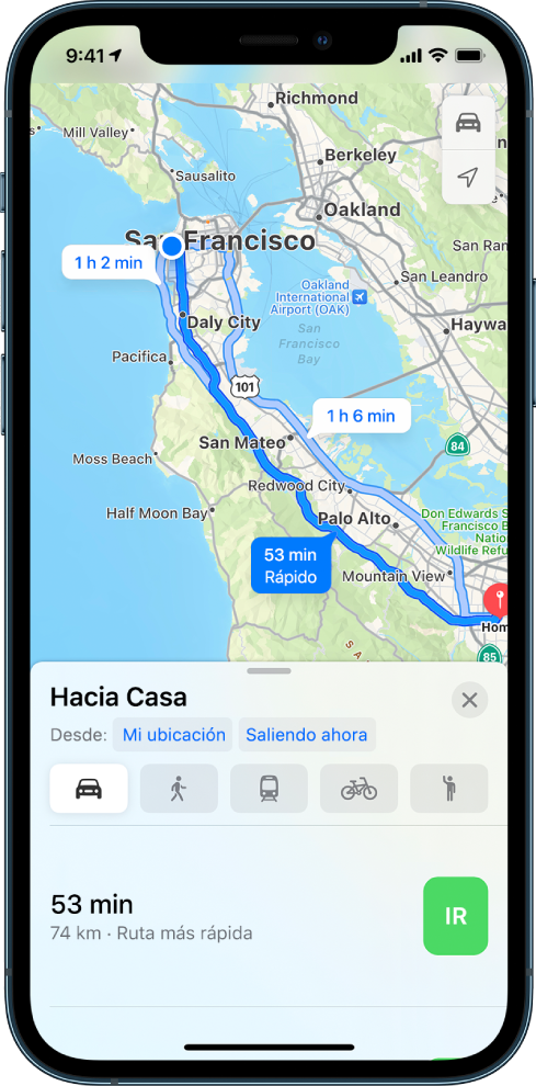 Un mapa de una ruta en automóvil con el botón Ir en la esquina inferior derecha.