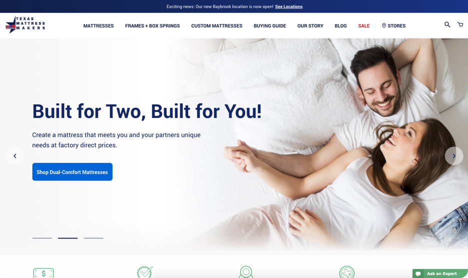 Screenshot of Texas Mattress Makers website