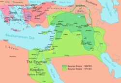 Map of the Neo-Assyrian Empire under Shalmaneser III (dark green) and Esarhaddon (light green)