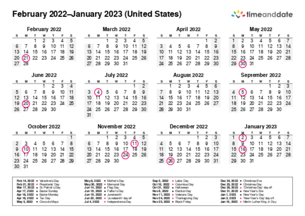 Calendar for 2022 in United States