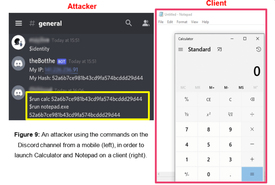 Demonstration of an arbitrary program running on a user's computer following a command from a Discord chat