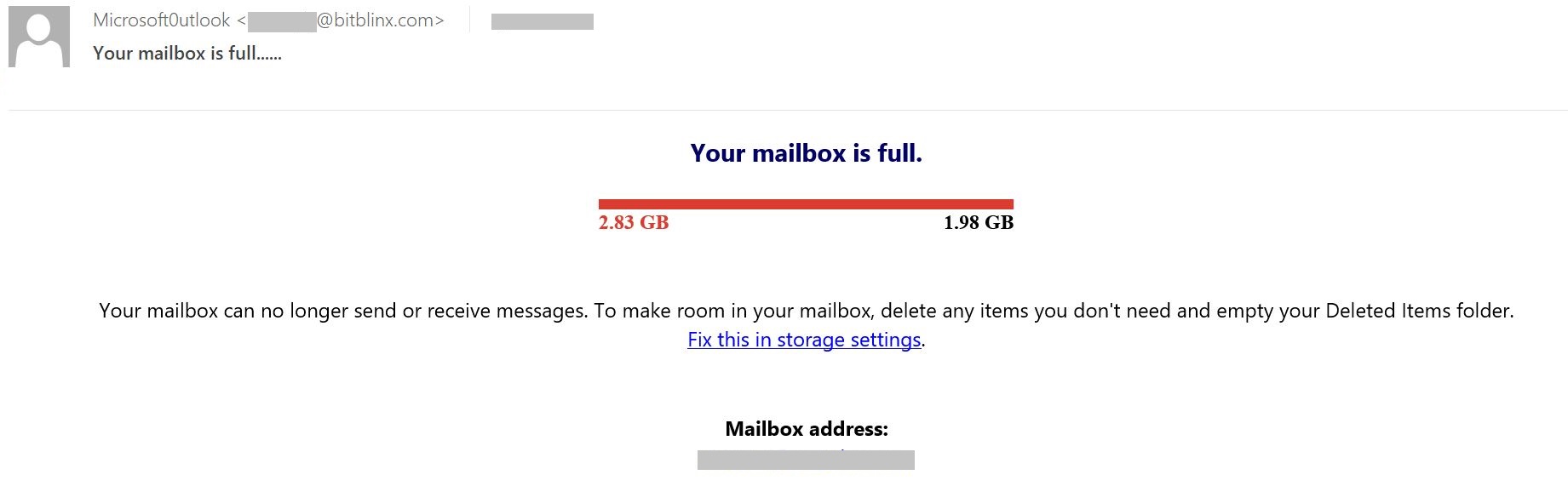 A typical phishing e-mail using a full-mailbox scam