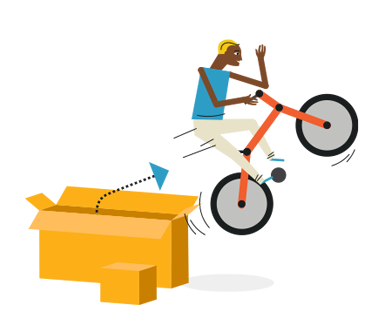 illustration of a person on a bike jumping out of a shipping box