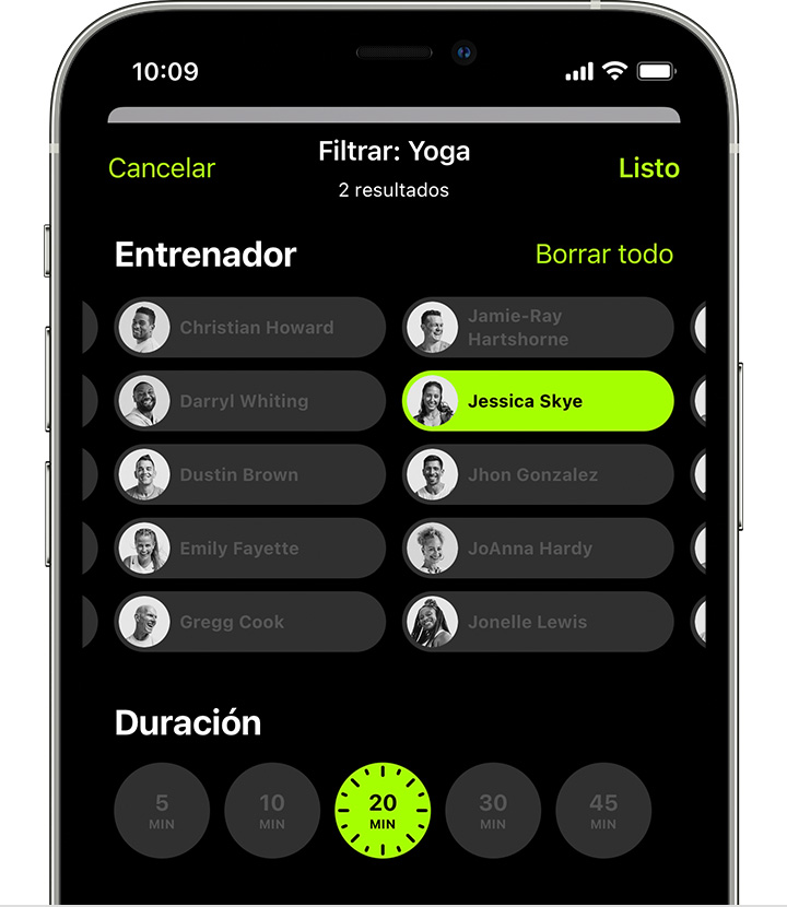 Filtrar opciones por entrenador o tiempo