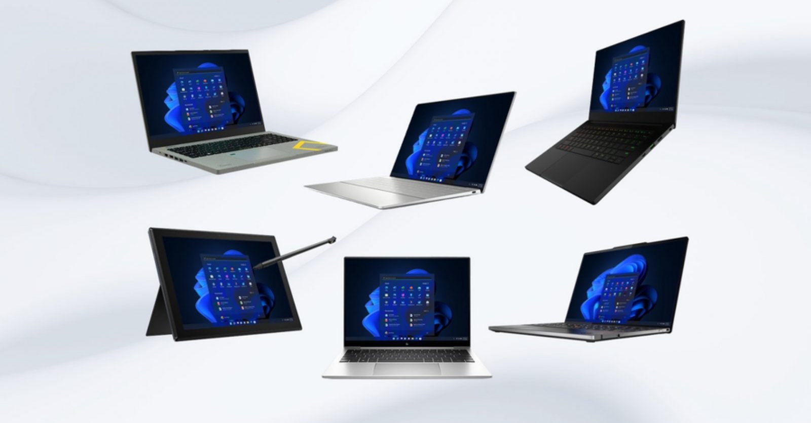 6 Windows devices with a white background