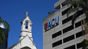 St. Stephens Chapel on Elisabeth Street in Brisbane shot from the ground with the Australian Catholic University next to it.