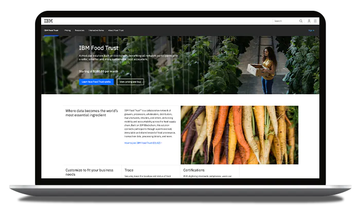 Ноутбук, на котором открыта веб-страница IBM Food Trust