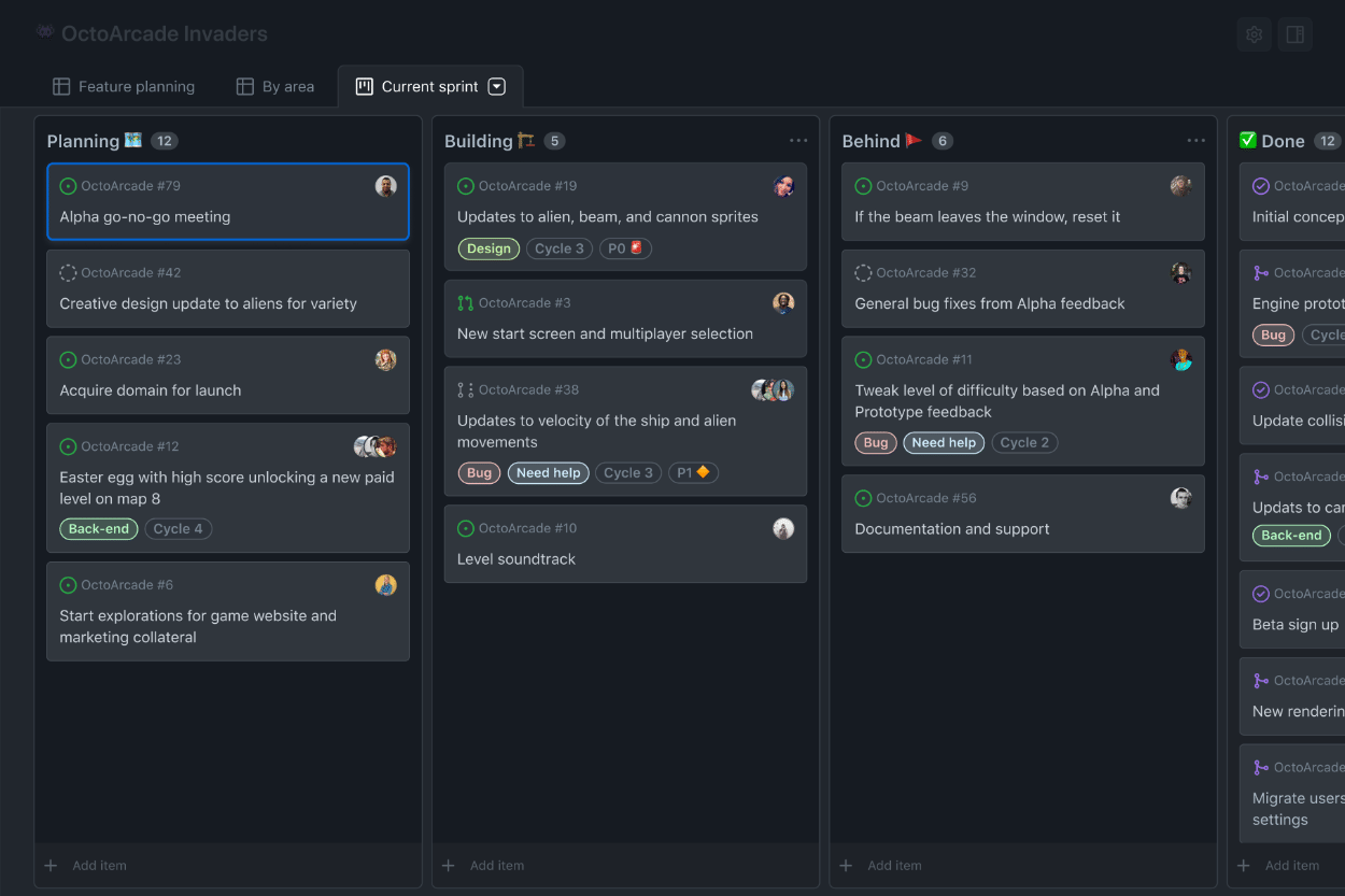 Illustration of a classic kanban board project. Cards are sorted in 4 columns based on their status, in a view called 'Current sprint.'