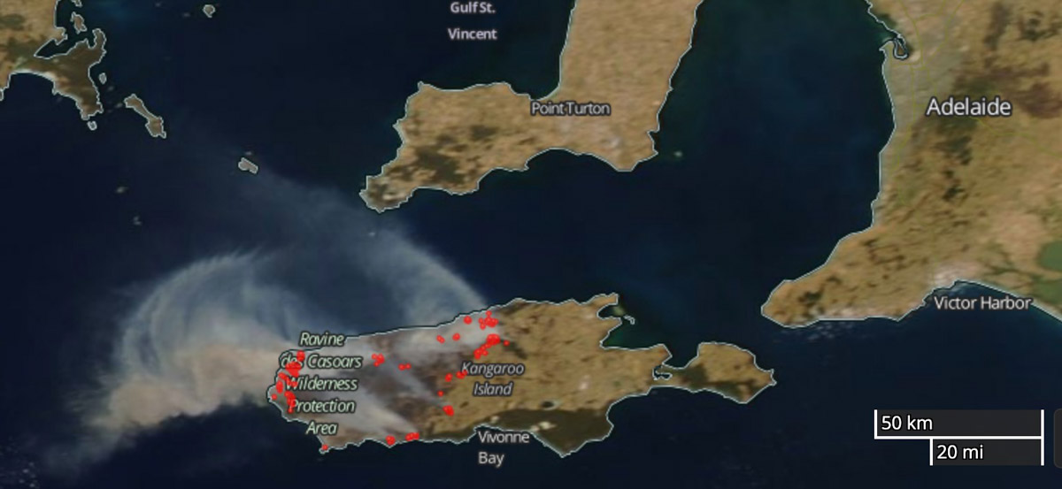 Satellite photo showing the fires on Kangaroo Island