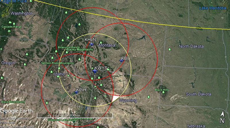 200-mile radius circles around tanker bases at Helena, Billings, and Pocatello