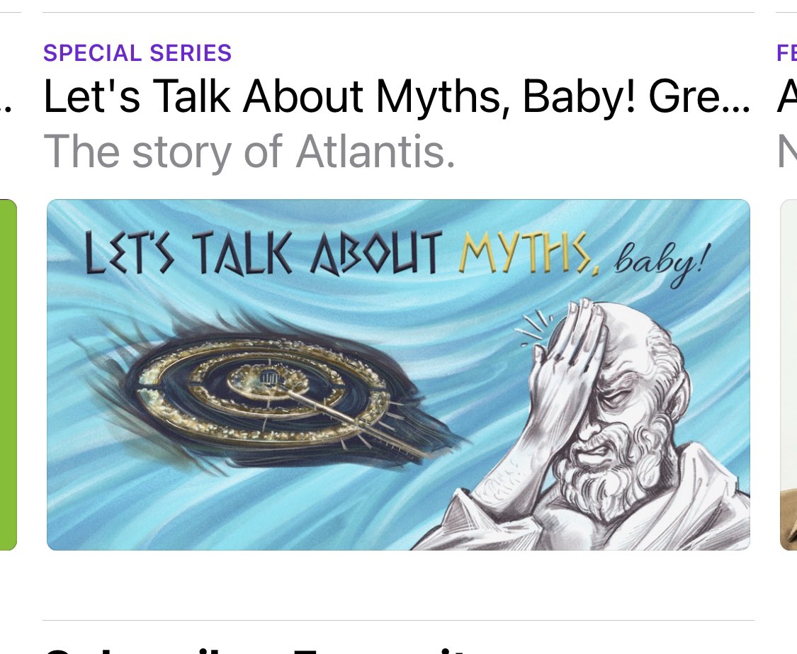 A screenshot of Apple podcasts featured shows carousel featuring Let’s Talk About Myths, Baby’s Atlantis series and logo.