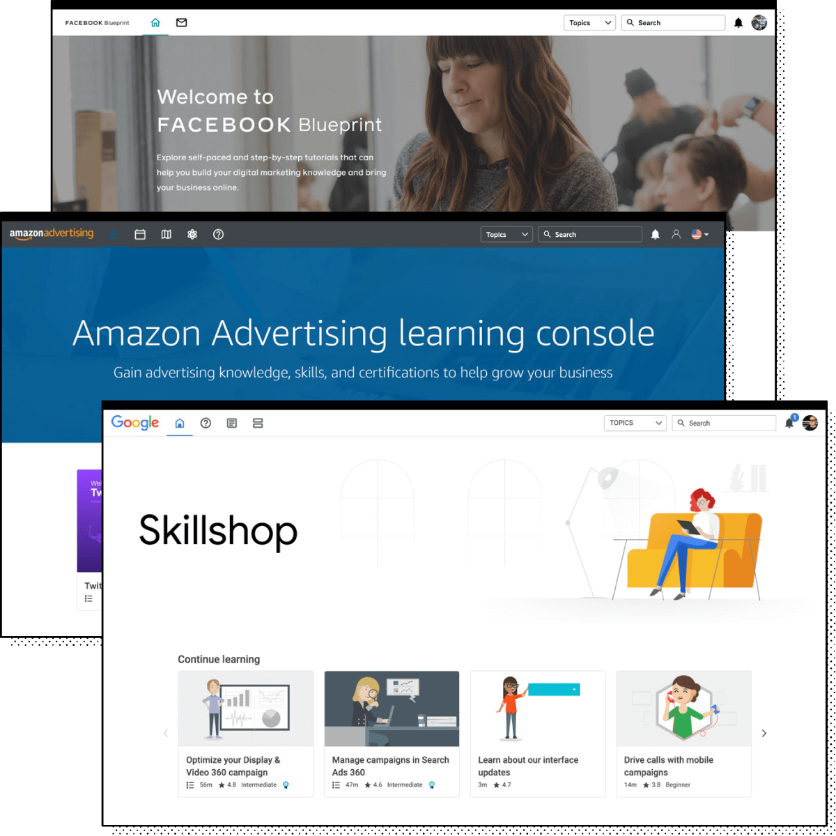 UI examples of Customer Training instances using the Intellum Platform, showing examples of virtual events from Google's Skillshop, Amazon Advertising and Facebook Blueprint