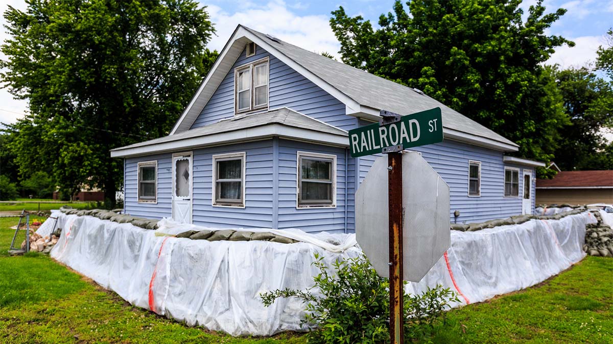 House fortified against potential flooding.