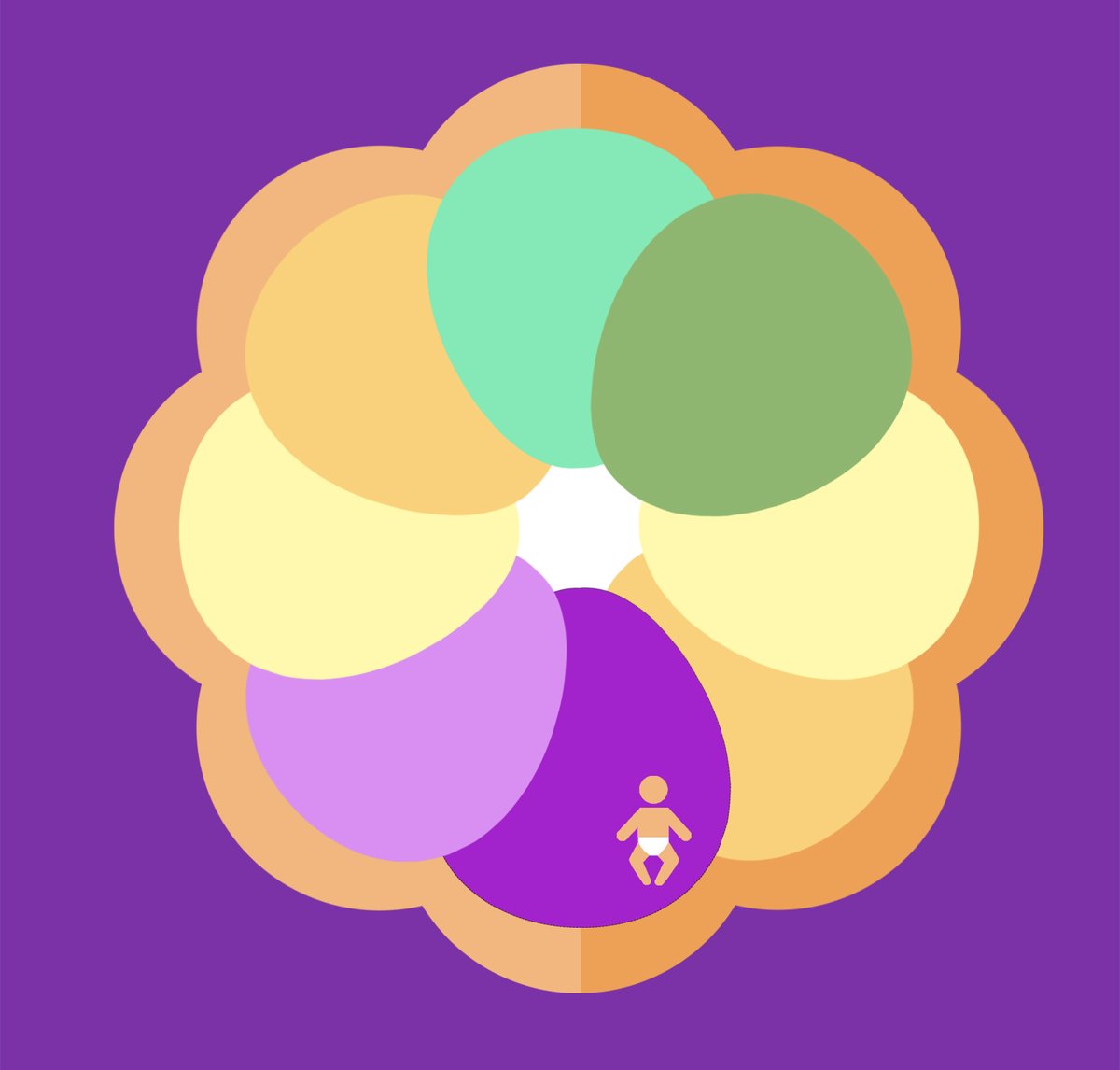 a graphic of a king cake with a baby on the cake. the cake is various shades of yellow, green, and purple. 