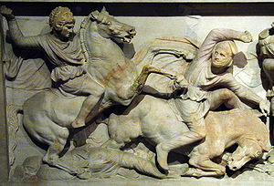 Aleksanteri Suuri taistelussa persialaisia vastaan. Kohokuva niin sanotusta Aleksanteri-sarkofagista.