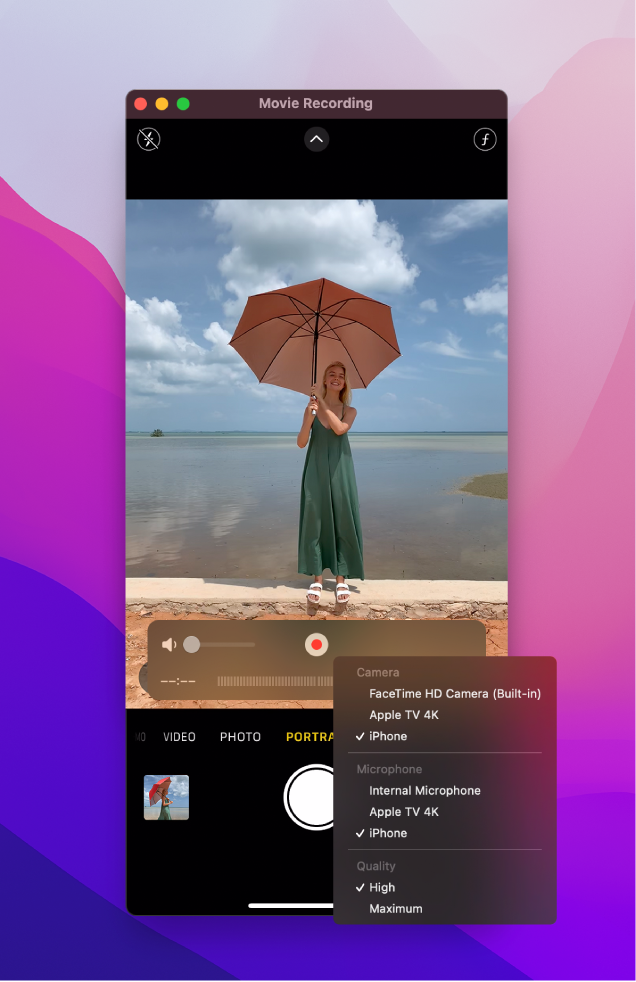 نافذة QuickTime Player على الـ Mac أثناء التسجيل باستخدام iPhone.