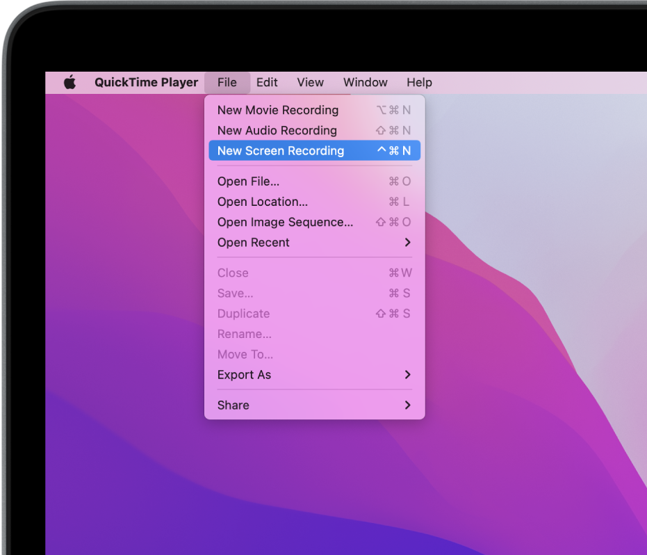 في تطبيق QuickTime Player، يتم فتح القائمة ملف، ويتم اختيار الأمر تسجيل شاشة جديد لبدء تسجيل الشاشة.