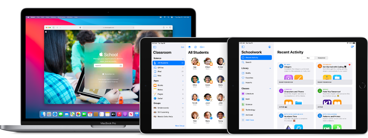 Una MacBook Pro en la que se muestra la página de inicio de sesión de Apple School Manager, junto con dos dispositivos iPad, ambos con la app Tareas Escolares.