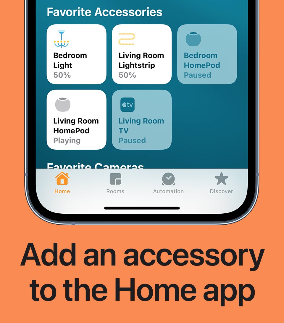 How to add an accessory to the Home app. iPhone is shown with the Home app displaying accessories like lights, HomePod speakers, and an Apple TV. 