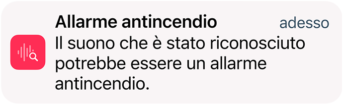 Un avviso di ricono­scimento dei suoni per un allarme antincendio su iPhone.