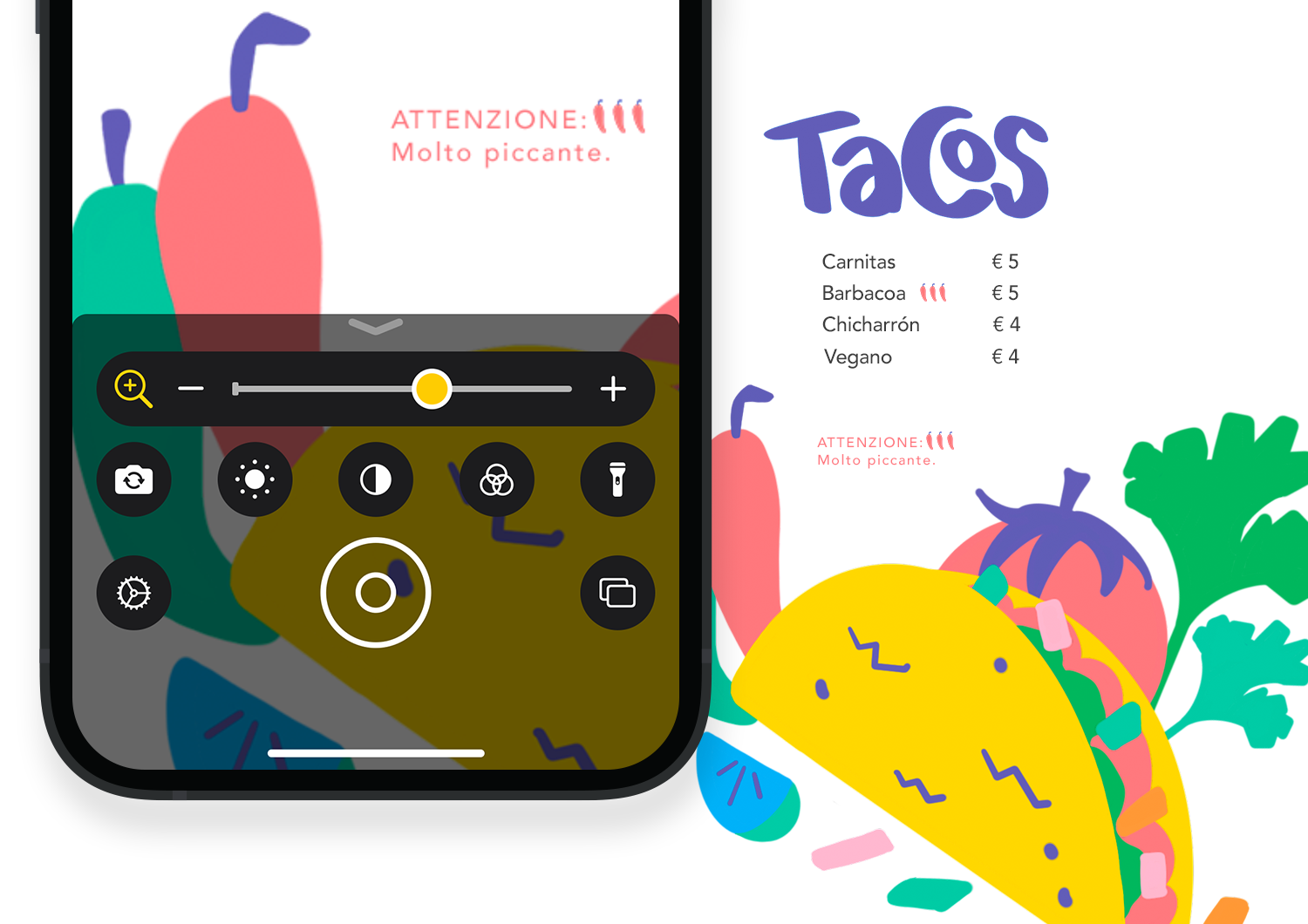 iPhone su cui la funzione Lente d’ingrandimento viene usata per ingrandire il menu di un ristorante