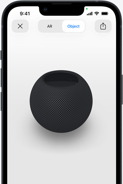 Space Gray HomePod on the screen of an iPhone in AR view.