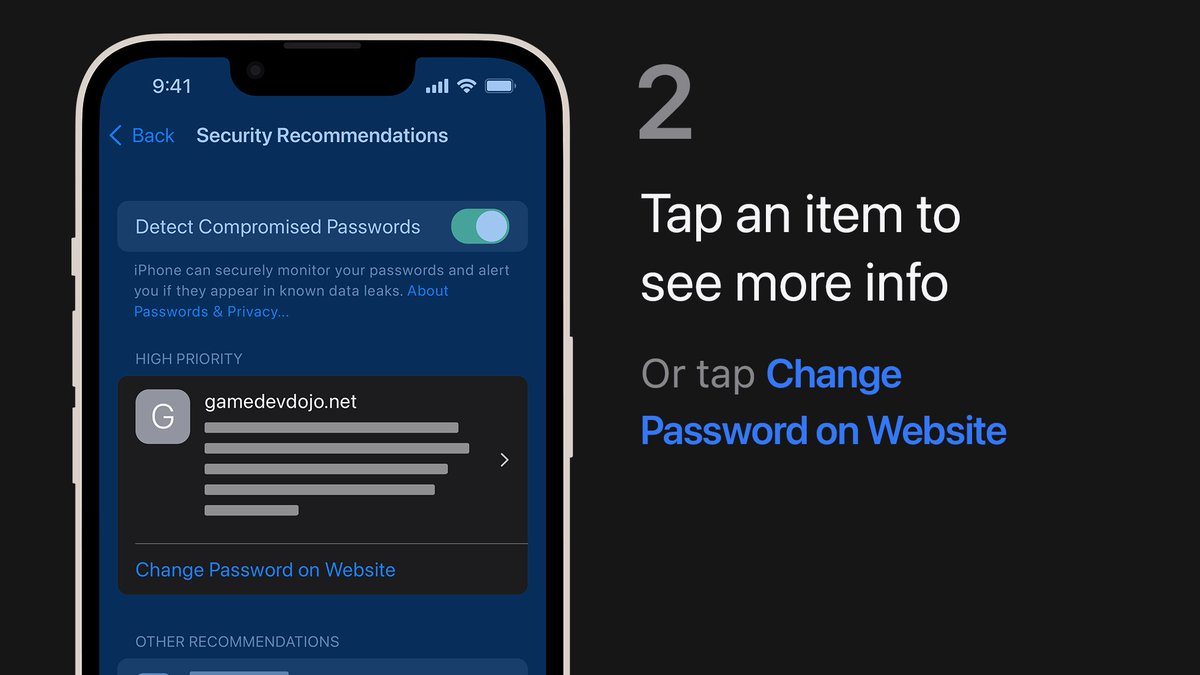 Step 2:
You can tap any item in the list of security recommendations to see more info. High priority items at the top of the list also have a link to change the password directly on the website. 
