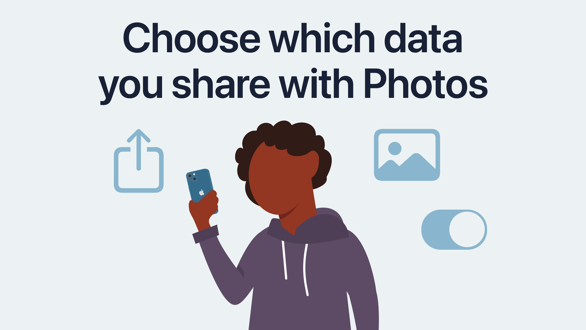 How to choose which data you share with photos. An illustration of a person holding their iPhone is shown with symbols representing photo sharing in the background.
