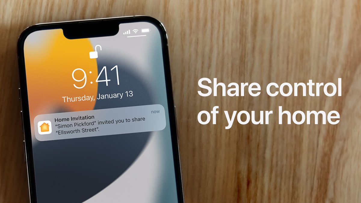 How to share control of your home. iPhone Lock Screen displays a Home Invitation notification to share control of a friend's home.
