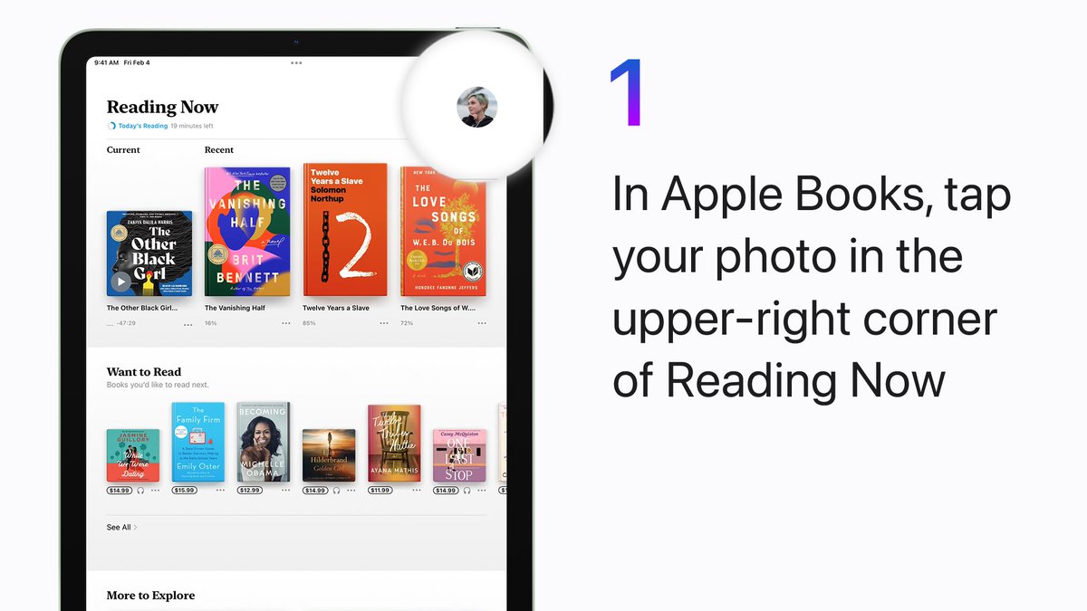 Step 1:
In the Reading Now tab of Apple Books, tap your account photo in the upper-right corner of your screen.
