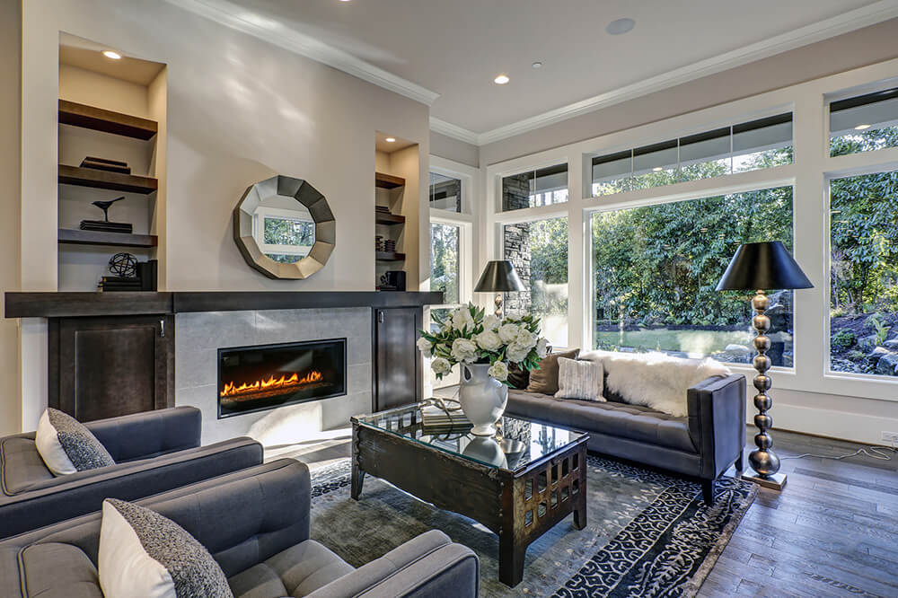 Modern living room with gas fireplace