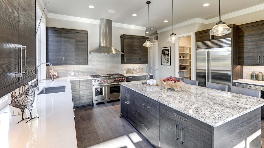 Modern gray kitchen with different countertops