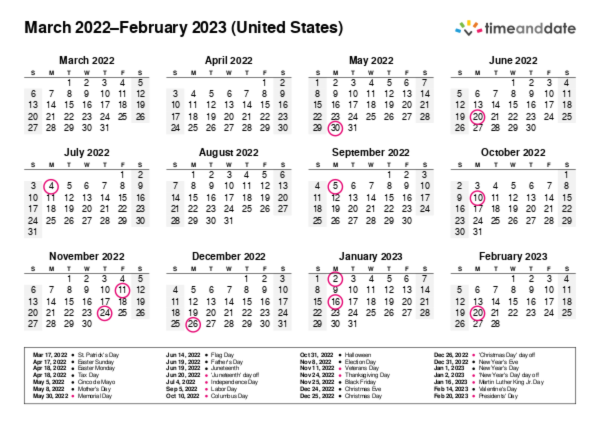 Calendar for 2022 in United States