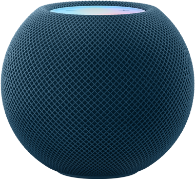 白色 HomePod mini 在前，蓝色 HomePod mini 出现在后方，然后两者旋转至并排位置。