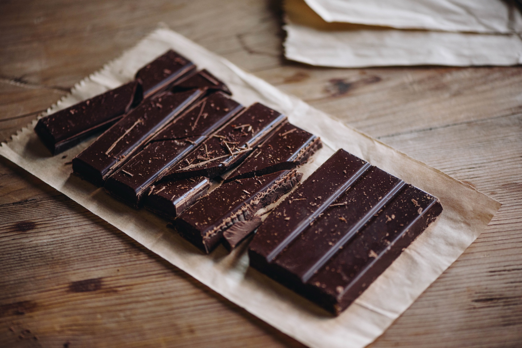 A chocolate bar, lying on a wrapper on a wooden table.